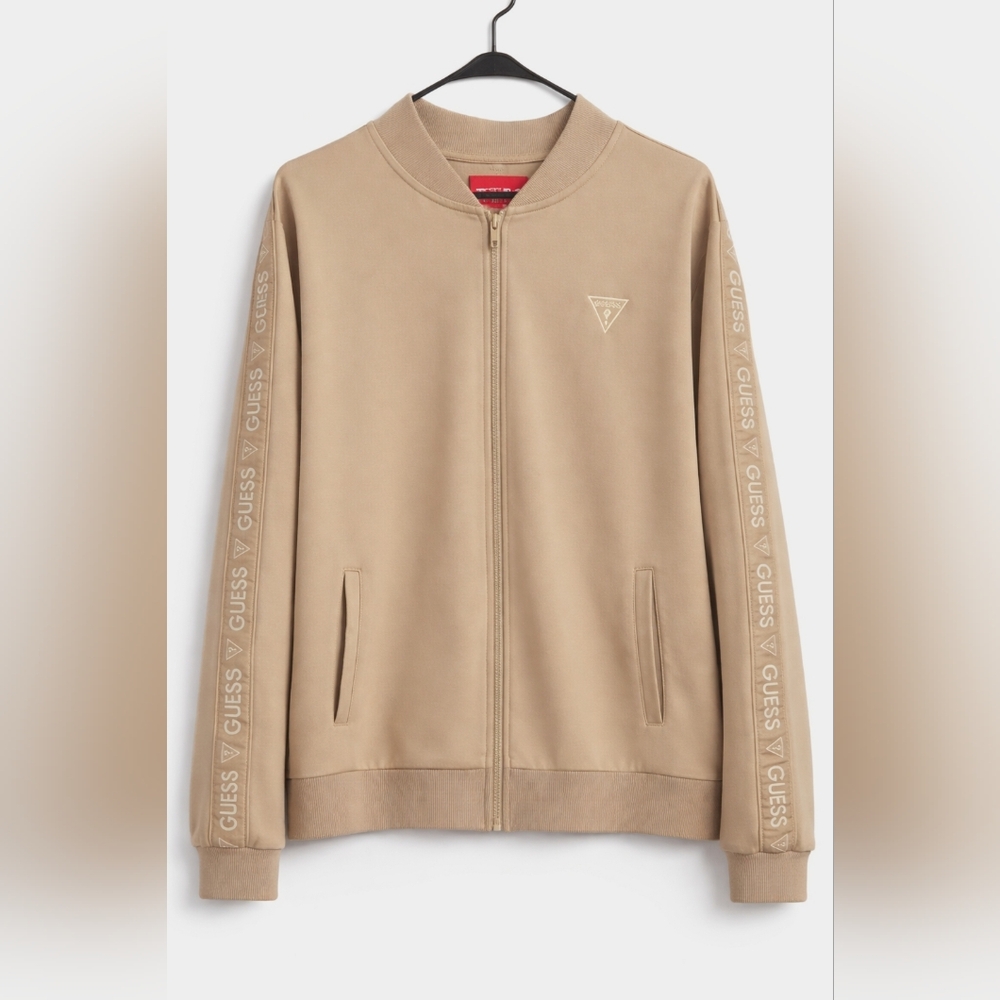 Guess Beige Zip Up Jacket Logo Sleeve Stretch Lightweight Size XL